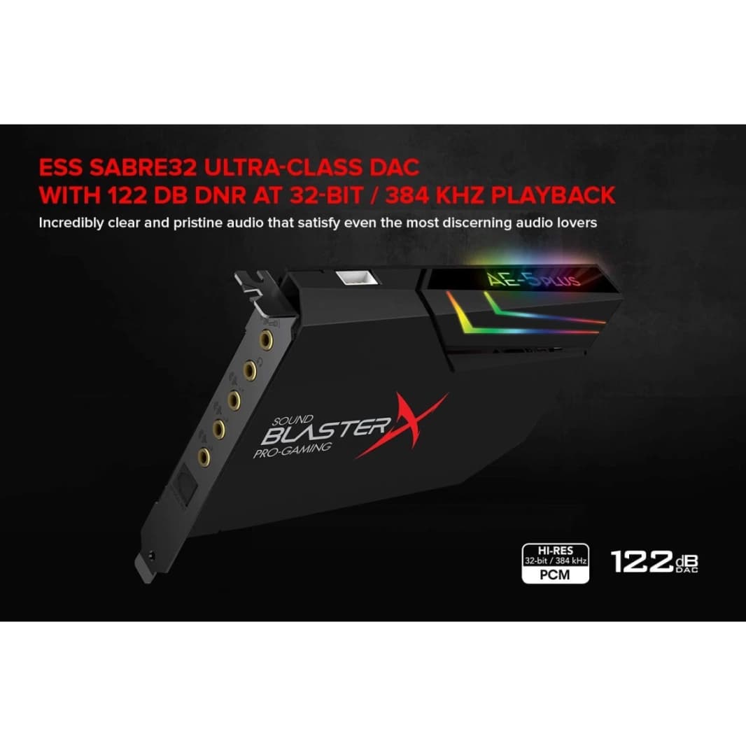 بطاقة صوت الألعاب الإبداعية BlasterX AE-5 Plus من الفئة SABRE32 عالية الدقة 32 بت / 384 كيلو هرتز PCIe و DAC مع Dolby Digital و DTS Xamp سماعة رأس منفصلة ثنائية الأمبير