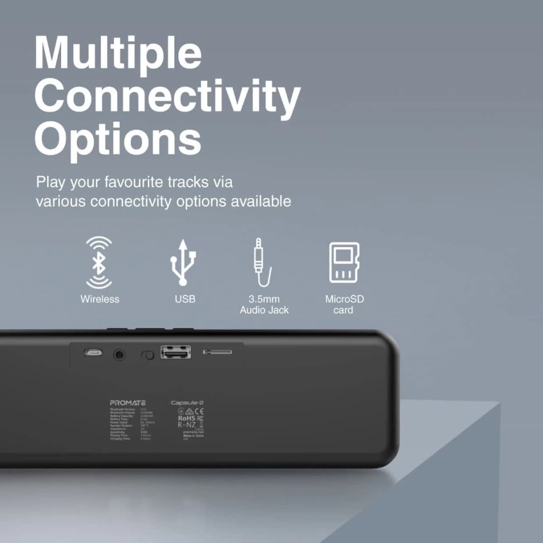 PROMATE CAPSULE -2 Bluetooth Portable Speaker HD 6W TRUE Bluetooth 5.0 Long Playtime USB Media Port Micro SD Card ومنفذ 3.5 مم - أسود