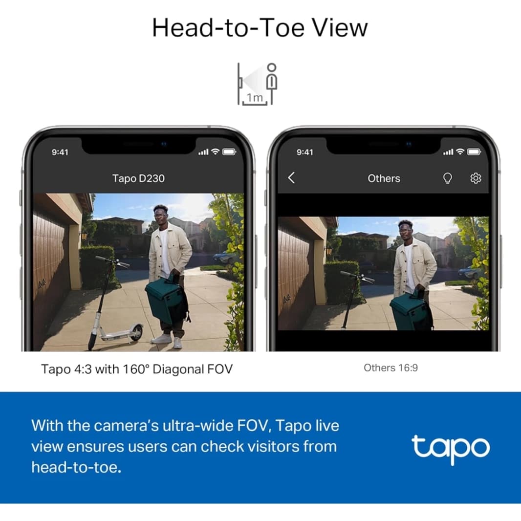Tapo Tapo D230S1 كاميرا جرس باب فيديو ذكية متضمنة 2K رؤية ليلية ملونة 2 اتجاه صوت مجاني اكتشاف AI سحابة / تخزين بطاقة SD 180 يومًا تعمل بالبطارية مع Alexa