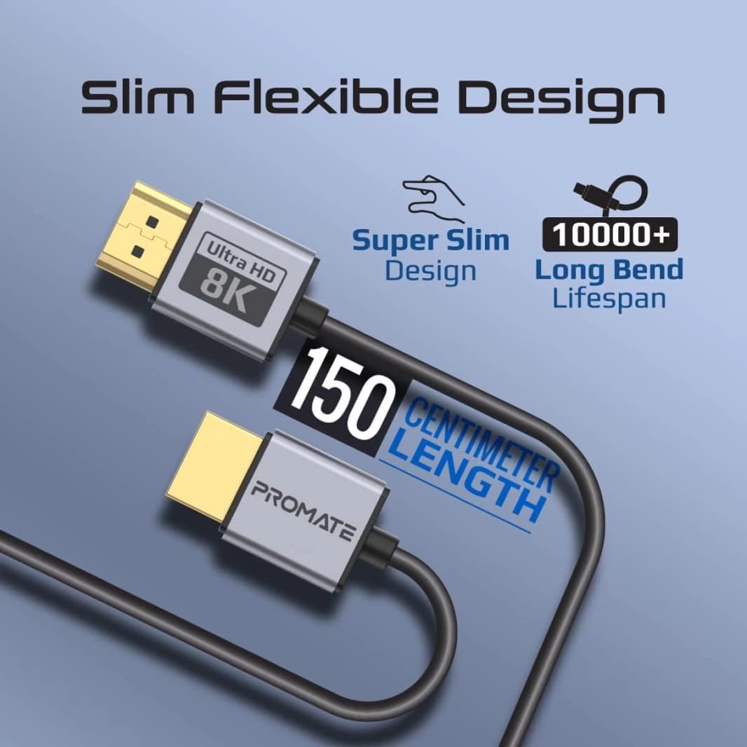 كابل Promate PrimeLink8K-150 HDMI 2.1 بطول 1.5 متر وسرعة 48 جيجابت في الثانية وعرض النطاق الترددي 8K@60 هرتز UHD Dynamic HDR eARC Wire - أسود