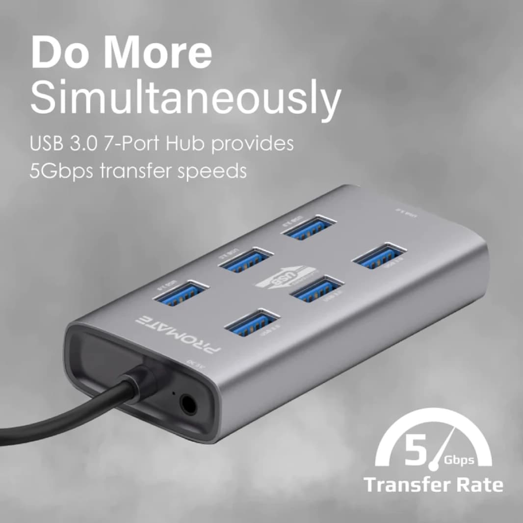 PROMATE EZHUB-7 7 في 1 سبيكة الألومنيوم مدعومة USB HUB 7 USB 3.0 منافذ USB-C محول معدلات نقل 5GBPS