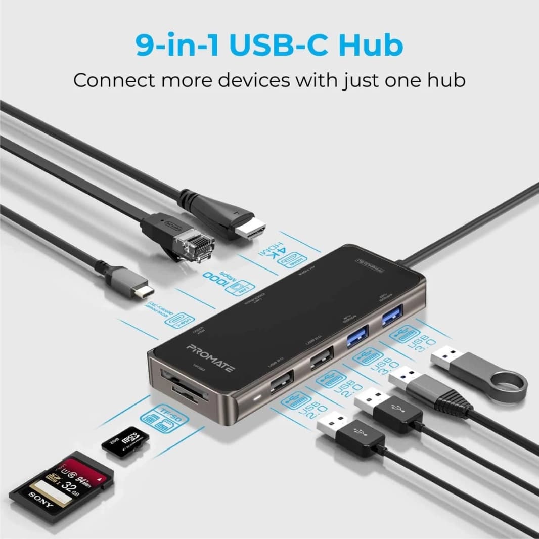 premate primehub-go 9-in-1 محول USB Type-C W/ 1000Mbps LAN 100W USB-C توصيل الطاقة 4K HDMI 4 منافذ USB & TF/ SD SLOT