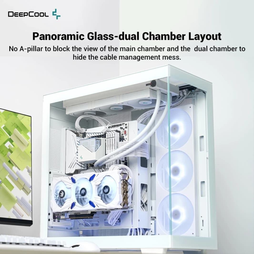 DeepCool CH780 ATX+ غرفة ثنائية بانورامية ث/ جبل عمودي و Gen 4 كابل Riser مُخفف الزجاج 3x Trinity 140mm Argb - أبيض
