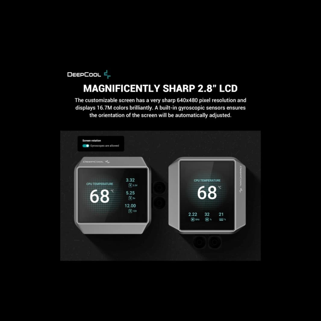 Deepcool Mystique 360 ​​LCD Liquid Cooler 360mm 5th Gen Pump 3400RPM 2.8 "640x480 TFT LCD Screen 2150 RPM سرعة المروحة 72.45 CFM مروحة الهواء