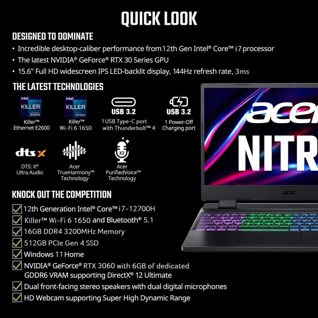 Acer Nitro 5 AN515-58-9038 (2022) 12Gen Intel Core i9 14-Cores w/ Nvidia RTX 3060 & 144Hz Display - Black