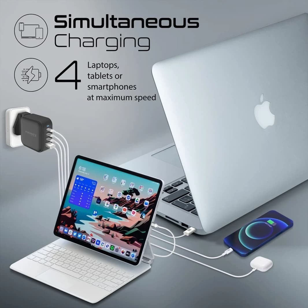 PROMATE GANPORT4-100PD USB-C Charger 100W GAN Technology Fast Dual Type-C Charger W/ 20W USB-C PORT 18W QC 3.0 PORT