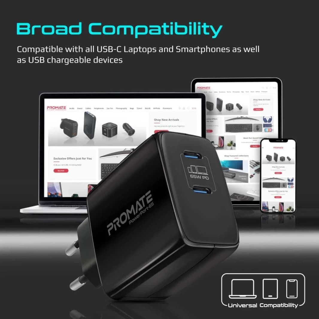 PROMATE POWERPORT-65 65W USB-C Universal GAN ​​Tech Fast Chargerw/ 2 Type-C Port Adaptive Charging and Over-Charging Protection