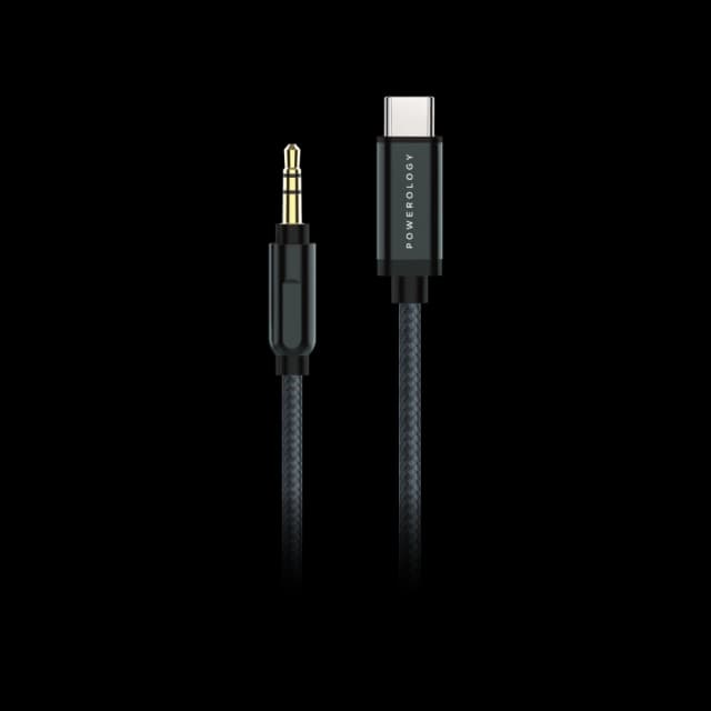 كابل USB-C إلى AUX مقاس 3.5 مم مضفر من الألومنيوم من Powerology بطول 1.2 متر/4 قدم - رمادي