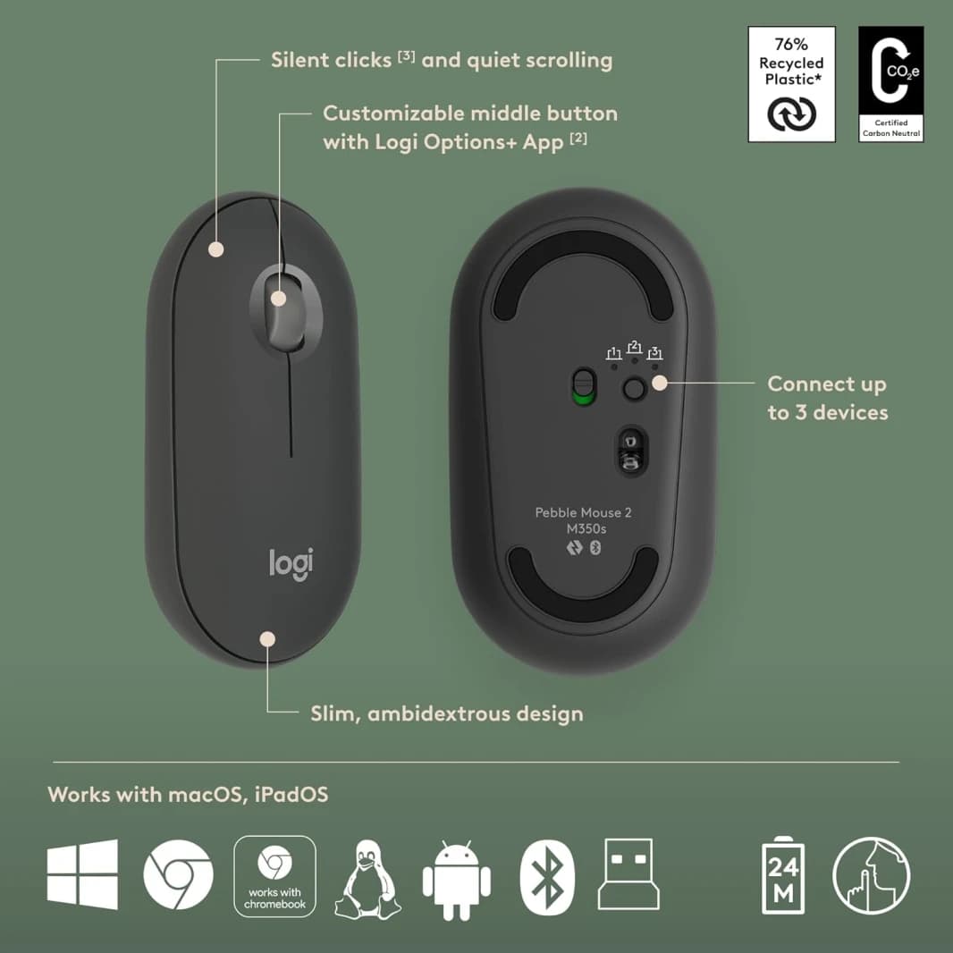لوحة مفاتيح وماوس لاسلكيان بتقنية البلوتوث من Logitech Pebble 2 MK380s متعددة الأجهزة
