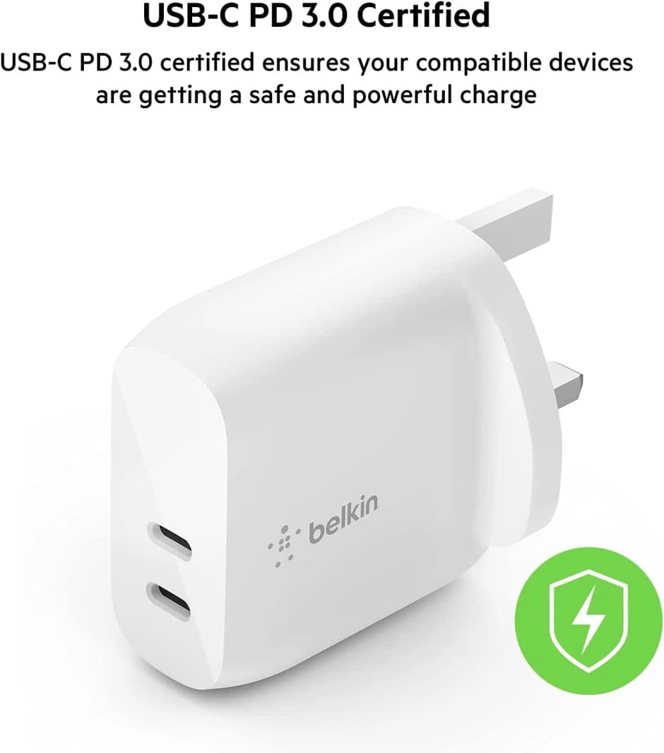شاحن Belkin 40W 2-Port USB C PD 20W Fast Charger - أبيض