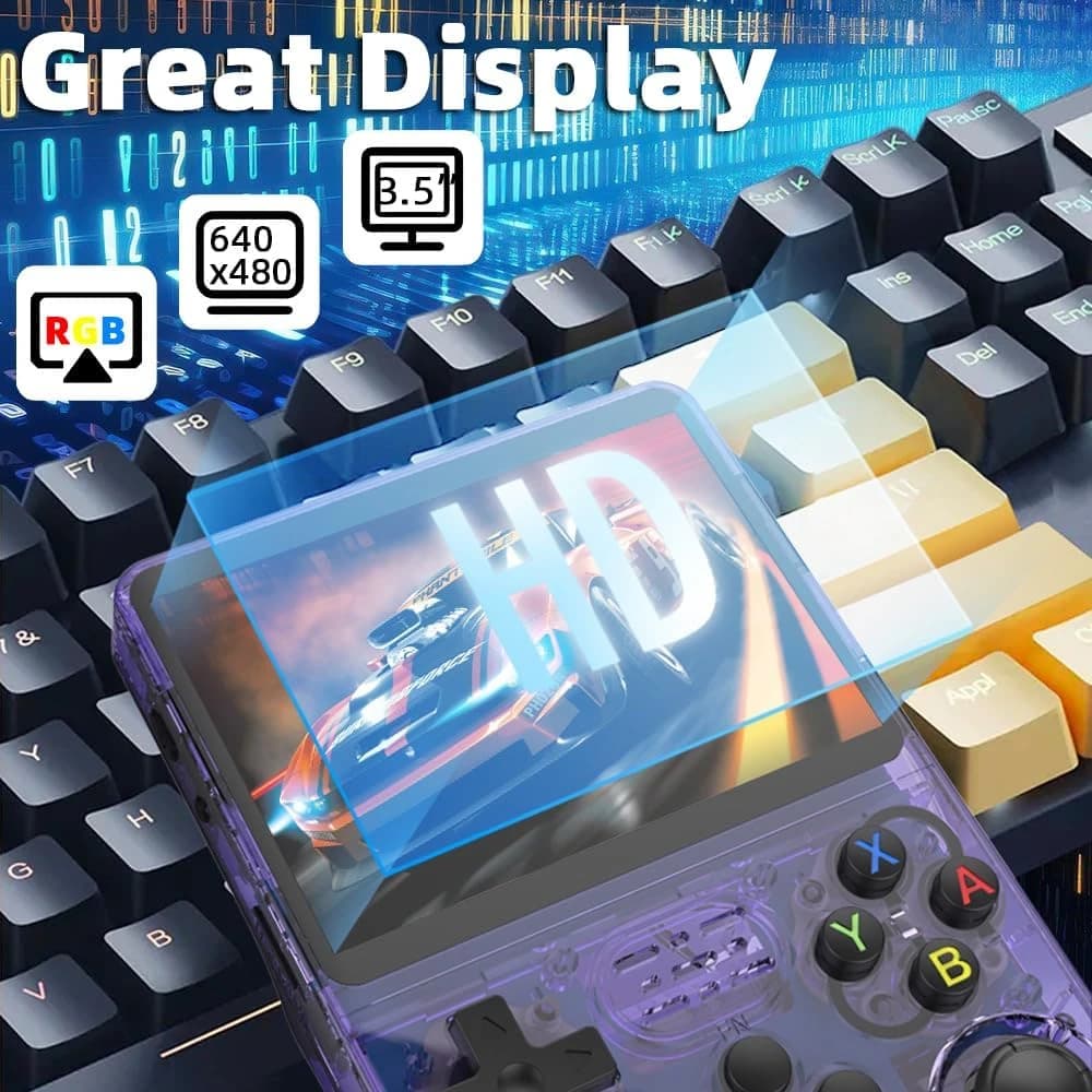 R36S Handheld Game Console, 3.5 inch IPS Screen Retro Gaming Console 64G Card with 15000+Classic Games, Open Source Linux Portable Video Player (PURPLE)