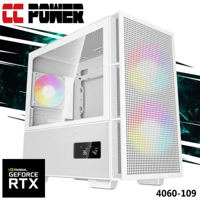 كمبيوتر ألعاب CC Power 4060-109 من الجيل الثامن AMD Ryzen 7 8700F 8-Cores مع Nvidia RTX 4060 8GB DDR6 ومبرد هواء متقدم - أبيض