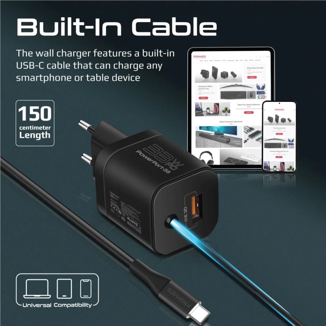 شاحن Promate PowerPort-PDQC3 USB-C Premium بقوة 33 وات مع منفذ شحن سريع 3.0 بقوة 22.5 وات وكابل Type-C بطول 1.5 متر وواجهة الاتحاد الأوروبي - أبيض