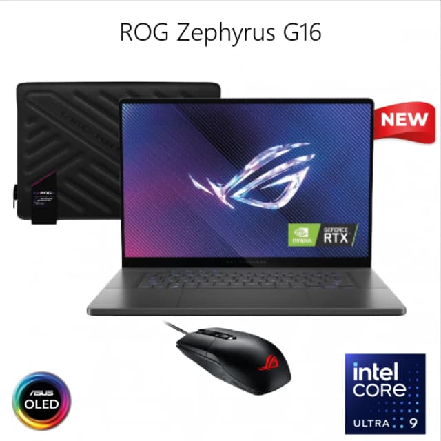 كمبيوتر محمول جديد (2024) ROG Zephyrus G16 | معالج Intel Core Ultra 9 RTX™ 4090 مقاس 16 بوصة 240 هرتز 2.5K OLED HDR 500NITS جراب ROG Zephyrus ماوس ROG Impact Gaming وWindows 11