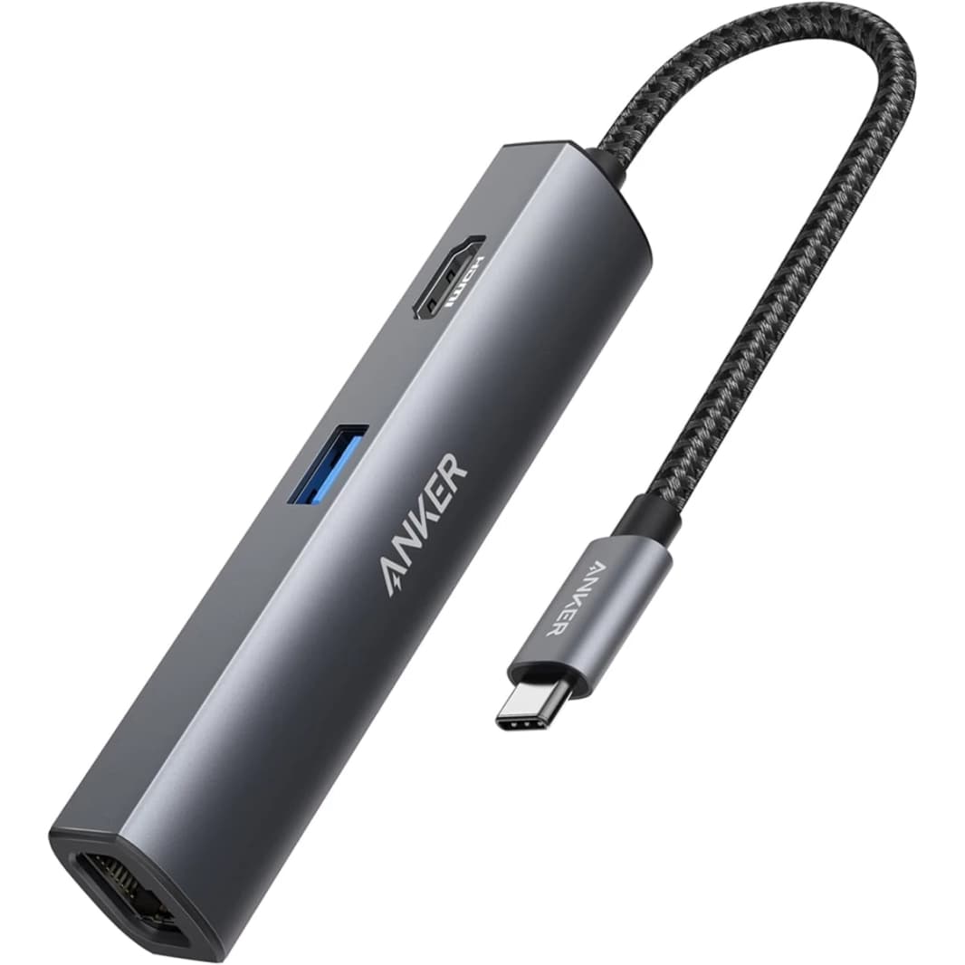 محول محور USB C من Anker A8338، محول USB C 5 في 1 مع منفذ USB C بدقة 4K إلى HDMI، ومنفذ إيثرنت، و3 منافذ USB 3.0، لأجهزة MacBook Pro وiPad Pro وXPS وPixelbook والمزيد