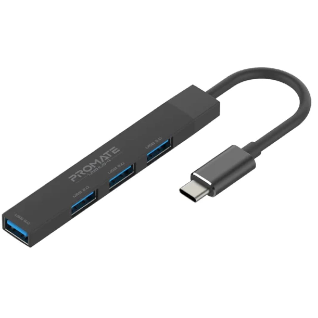 موزع Promate LiteHub-4 4 في 1 متعدد المنافذ USB-C 4 منافذ USB-A بمعدل نقل 480 ميجابت في الثانية / 5 جيجابت في الثانية لنظامي التشغيل Windows وMac - أسود