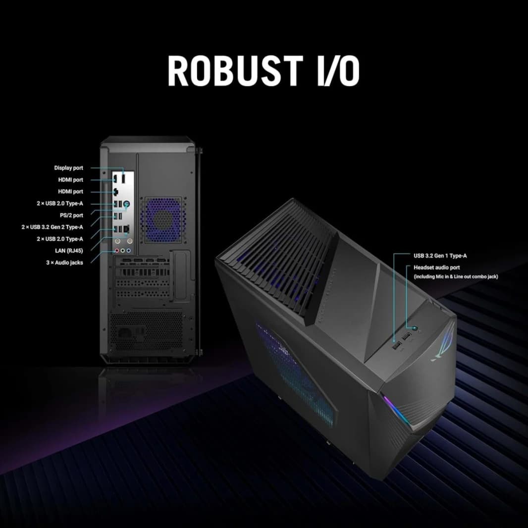 كمبيوتر مكتبي للألعاب ASUS ROG G13CHR | مبرد هواء بمعالج Intel® Core™ i7-14700F، NVIDIA® GeForce® RTX 4070 DUAL 12GB GDDR6X 32GB DDR5 WIFI & Bluetooth Integrated - ضمان لمدة عامين