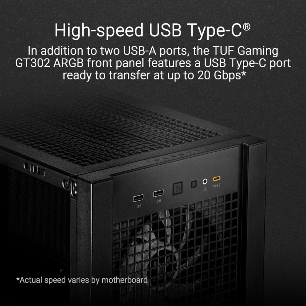 حافظة ASUS TUF Gaming GT302 ARGB متوسطة الحجم مزودة بـ 4 مراوح ARGB مقاس 140 مم وتدفق هواء عالي وضغط ثابت ولوحة جانبية قابلة للتبديل مع موصل مخفي - أسود