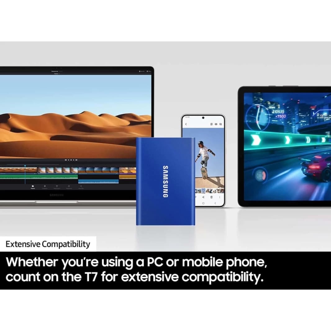 قرص SSD محمول خارجي SAMSUNG T7 بسعة 1 تيرابايت بسرعات تصل إلى 1050 ميجابايت/ثانية ومنفذ USB 3.2 من الجيل الثاني للألعاب والطلاب والمحترفين - رمادي
