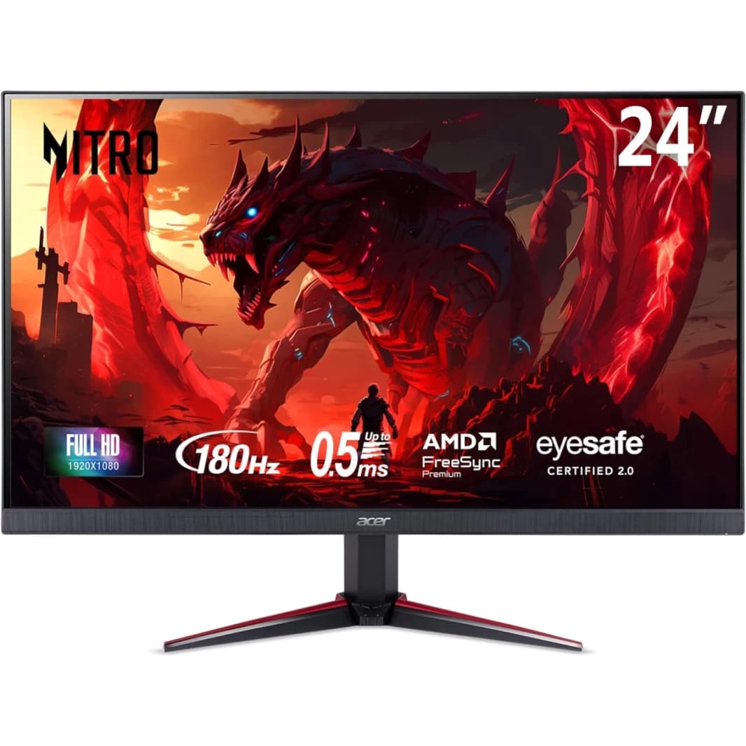 شاشة Acer Nitro VG240Y مقاس 24 بوصة بتقنية IPS Full HD بمعدل تحديث 180 هرتز ووقت استجابة يصل إلى 0.5 مللي ثانية وتقنية HDR10 ودعم 99% من ألوان sRGB وAMD FreeSync Premium مع منفذي HDMI ومنفذ DisplayPor