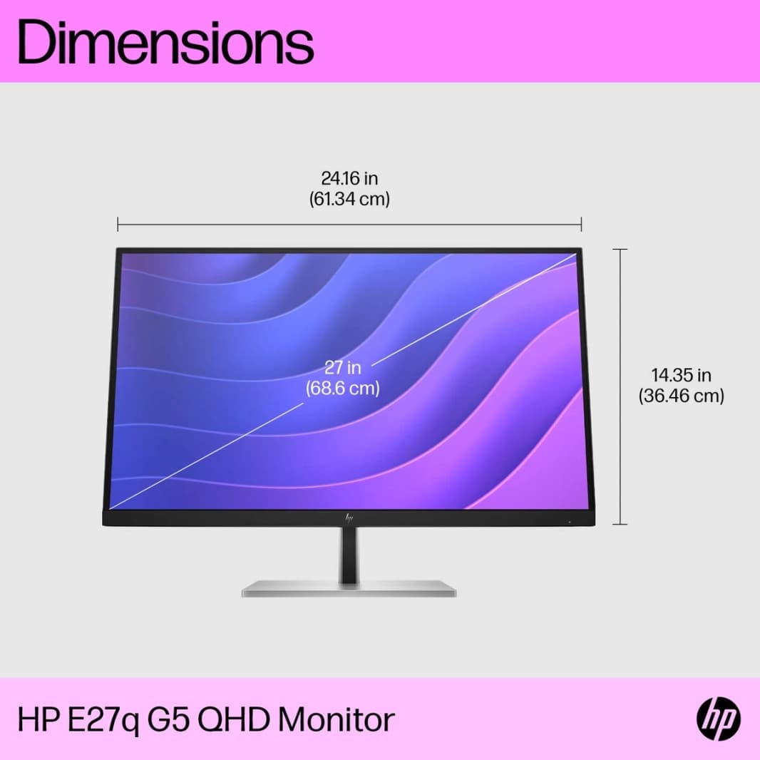 شاشة HP E27q G5 مقاس 27 بوصة IPS 2K احترافية بحامل قابل للتعديل في 4 اتجاهات و99% sRGB و350nits وتقنية HP Eye Ease مع منفذ Display وHDMI ومحور USB
