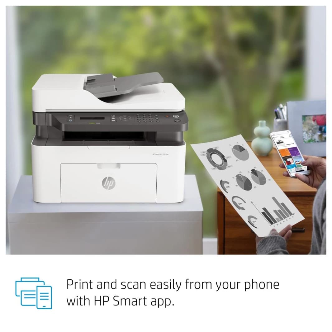 طابعة HP Laser MFP 137fnw طباعة ونسخ ومسح ضوئي وفاكس وطباعة مزدوجة وطباعة أحادية اللون بدقة 1200 × 1200 نقطة في البوصة و21 صفحة في الدقيقة بحجم A4 وشبكة Wi-Fi وشبكة Ethernet LAN وضمان لمدة عام