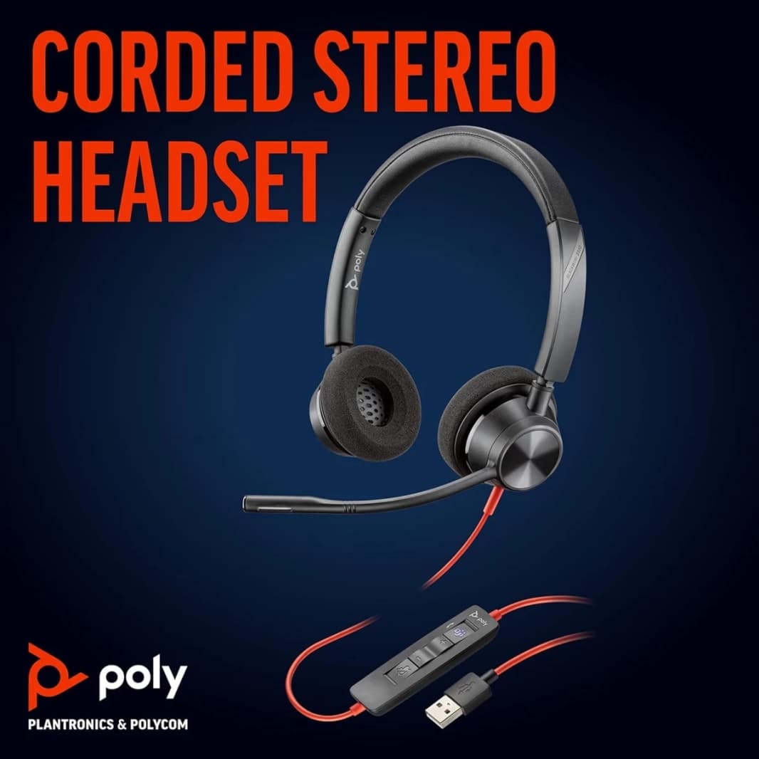 سماعة رأس سلكية مزدوجة الأذن من Poly Blackwire 3320 مع ميكروفون USB-C + محول USB-C/A وميكروفون مضاد للضوضاء لأجهزة الكمبيوتر الشخصية وأجهزة Mac والأجهزة المحمولة تعمل مع الفرق (معتمدة)