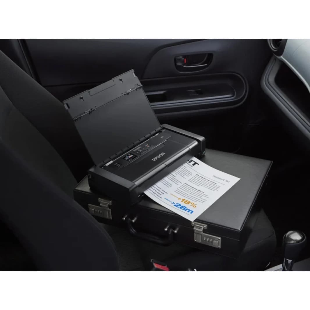 طابعة Epson Workforce WF-100W اللاسلكية الملونة المحمولة A4 مع بطارية قابلة لإعادة الشحن (محول USB أو تيار متردد) وشاشة LCD مقاس 1.4 بوصة وحبر مقاوم للبهتان والماء