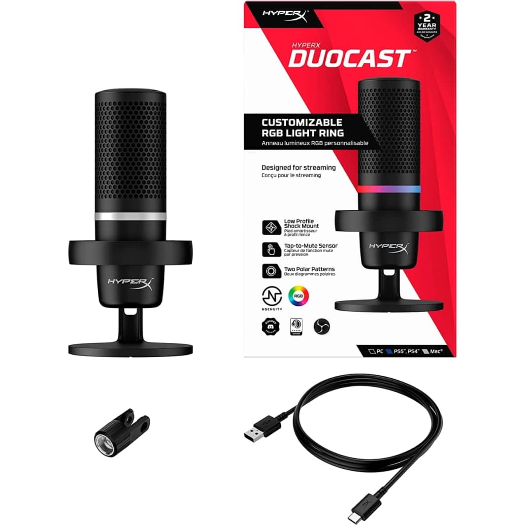 ميكروفون مكثف HyperX DuoCast RGB USB مع فلتر صوتي قلبي للتحكم في المكسب لأجهزة الكمبيوتر الشخصية وPS5 وPS4 وMac