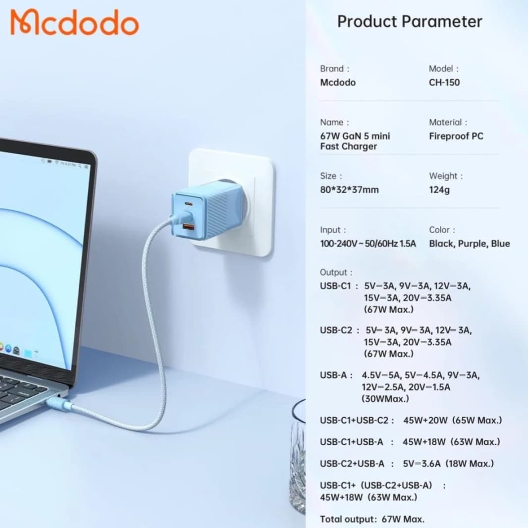 شاحن Mcdodo CH-150 GAN 5 USB C بقوة 67 وات، شاحن سريع متعدد المنافذ 2 USB C و2 USB A، متوافق مع MacBook Air وSamsung Galaxy