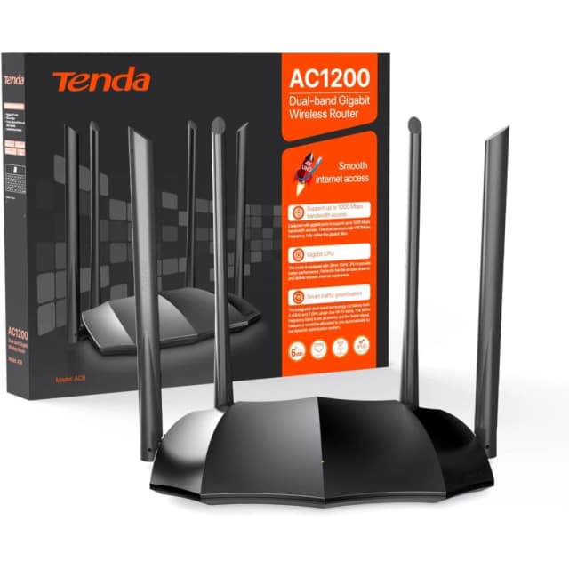 راوتر Tenda AC8 AC1200 Gigabit Wi-Fi - راوتر إنترنت لاسلكي عالي السرعة ثنائي النطاق، 3 منافذ WAN/LAN Gigabit، 4 هوائيات 6dBi، MU-MIMO، Beamforming، IPv6، Wi-Fi للضيوف