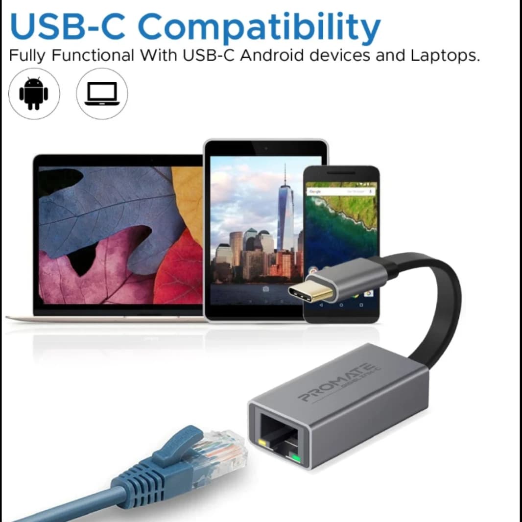 محول شبكة Promate GigaLink-C فائق السرعة من USB-C إلى Gigabit Ethernet بسرعة 10/100/1000 ميجابت في الثانية RJ45 Gigabit