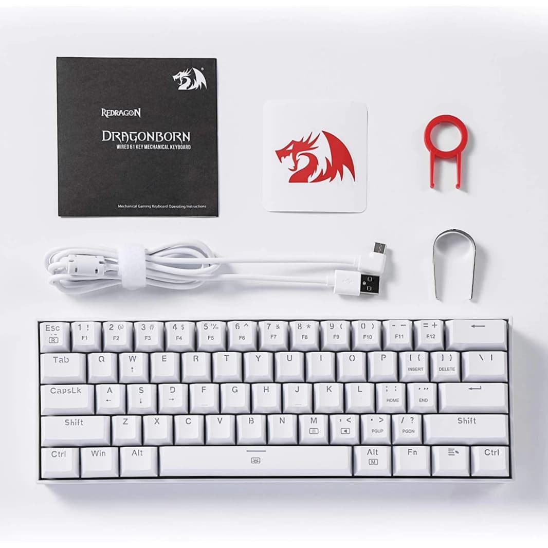 لوحة مفاتيح الألعاب Redragon K630 Dragonborn 60% Wired RGB، لوحة مفاتيح ميكانيكية مدمجة 61 مفتاحًا مع مفتاح أزرق خطي، دعم برنامج تشغيل احترافي، أبيض