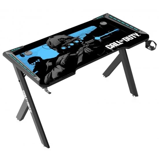 مكتب ألعاب CALL OF DUTY (COD) HAWKSBILL SERIES RGB FLOWING LIGHT مع خطاف سماعة رأس وحامل أكواب - أسود/أزرق