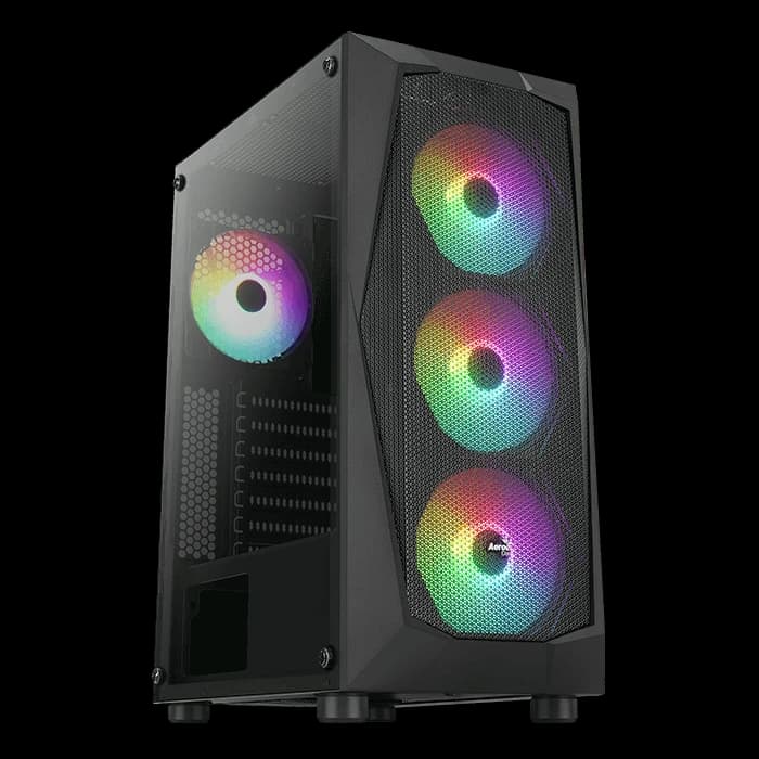 AeroCool Falcon G-BK-V1 Mid Tower, Tempered Glass Side Panel, Mesh Front Panel, Supports (ATX, Micro ATX, Mini ATX), 4x FRGB Fans - Black