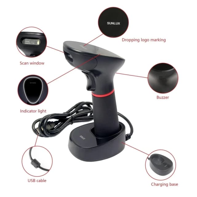 SUNLUX XL-9610 2D Barcode Scanner (2200mAh Battery Capacity Transfer distance 2.4G: 150M & Bluetooth:10M With memory, can store 100,000 EAN-13 barcode Long working time: one full charge support 60,000