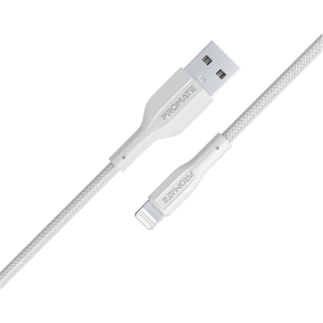 Promate XCord-Ai USB-A to Lightning Cable Super-Fast Charger 1M Anti-Tangle Silicone Cord - White