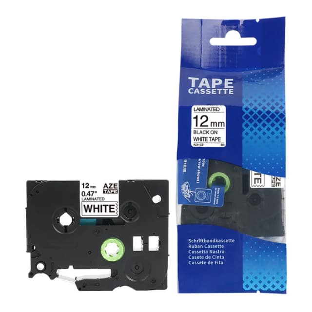 TZE-231 Compatible P-Touch Black on White Laminated Tape for Brother - 12mm x 8m