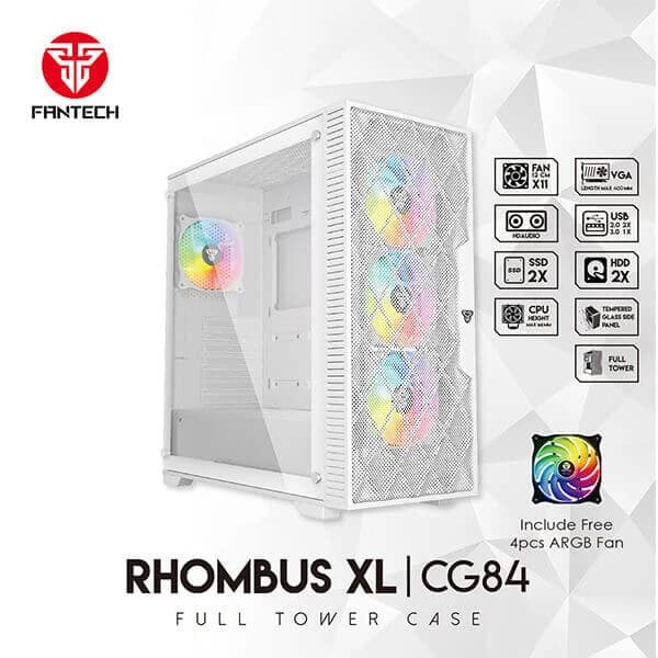 FANTECH RHOMBUS XL CG84 Mid Tower Case, Tempered Glass Side Panel & Mesh Front Panel, Supports (ETAX, ATX, Micro ATX, Mini ATX), 4x ARGB Fans - White